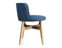 Designer chair natural tint wood, denim blue fabric seat