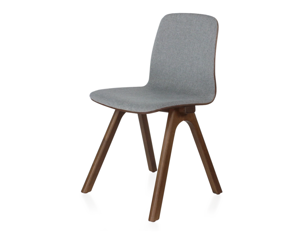 Chaise design en chêne tapissé bois teinte marron foncé assise tissu gris clair