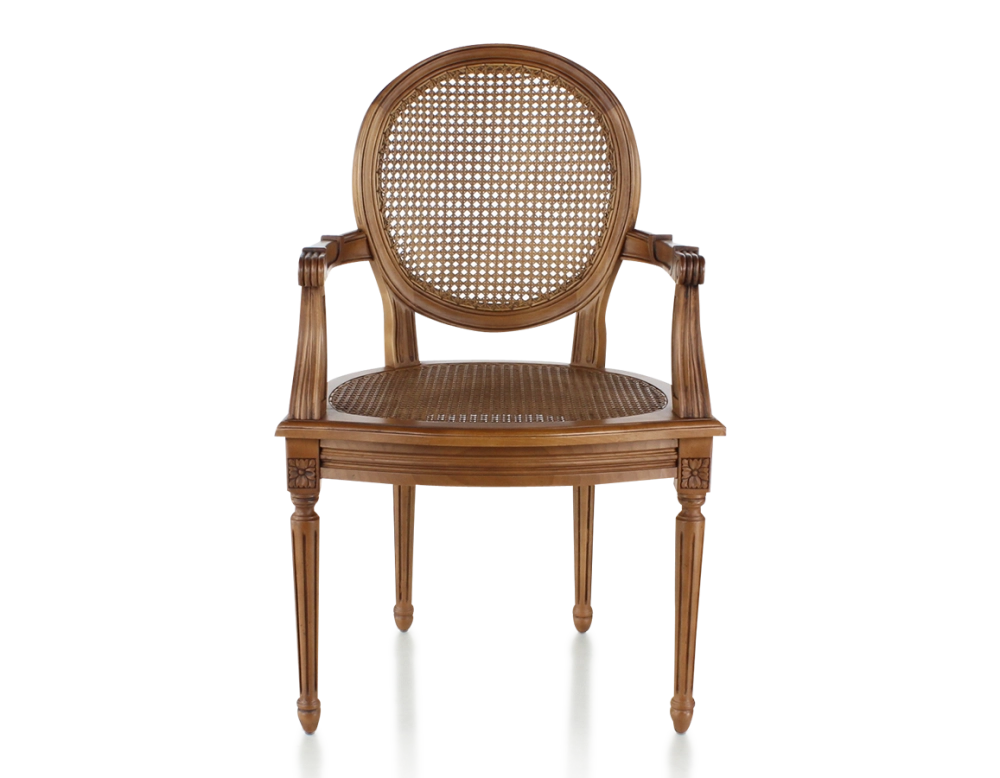 Antique Louis XVI style armchair with armrests wood stained antique seat and back caned