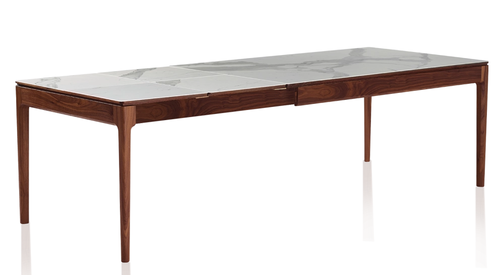 Table extensible 8 à 12 personnes en noyer et céramique allonges céramique avec bois teinte naturelle et plateau et allonges céramique effet marbre blanc 210x100 cm