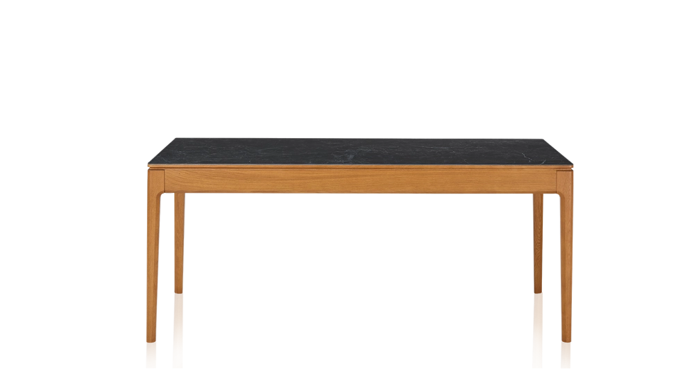 Extendable table for 8 to 12 people in oak and ceramic with wooden extensions with cherry-tinted wood and slate-effect ceramic top 160x100 cm