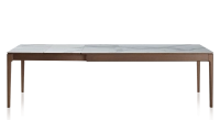 Table extensible 8 à 12 personnes en chêne et céramique allonges céramique avec bois teinte marron foncé et plateau et allonges céramique effet marbre blanc 210x100 cm