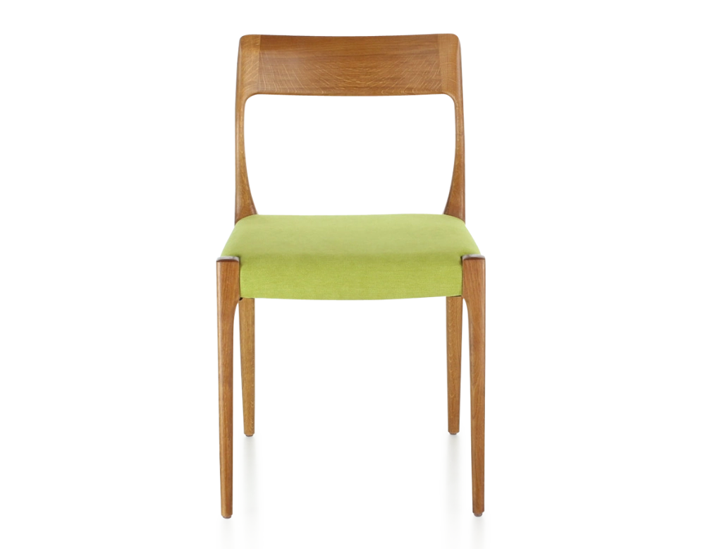 Chaise scandinave bois teinte merisier assise tissu vert pomme