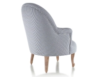 Fauteuil crapaud avec accoudoirs pieds bois teinte noyer et tissu pied-de-poule bleu et blanc