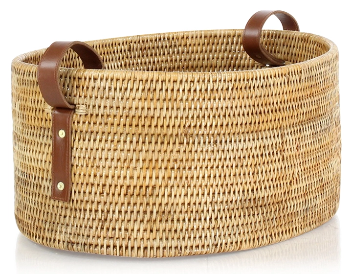 Panier de rangement en rotin naturel anses en cuir moyen modèle