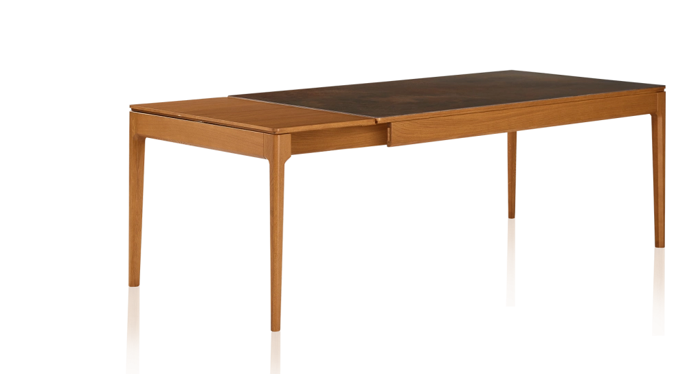 Table extensible 6 à 10 personnes en chêne et céramique allonges bois avec bois teinte merisier et plateau céramique brun oxydé 160x100 cm