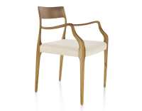 Chaise scandinave avec accoudoirs bois teinte merisier assise tissu chevron beige