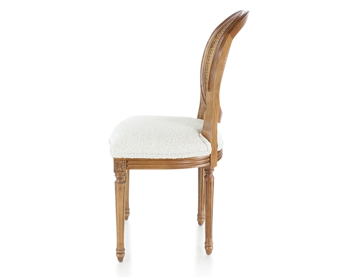Chaise ancienne style Louis XVI bois teinte ancienne dossier canné assise tissu bouclé blanc