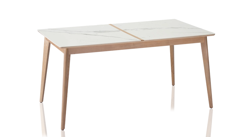 8 person oak and ceramic dining table with natural stained wood and black marble effect ceramic top 210x100 cm