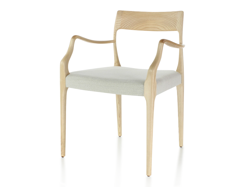 Chaise scandinave avec accoudoirs bois teinte naturelle assise tissu beige naturel