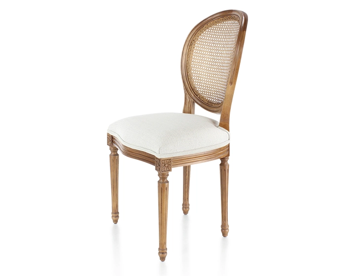Chaise ancienne style Louis XVI bois teinte ancienne dossier canné assise tissu beige naturel