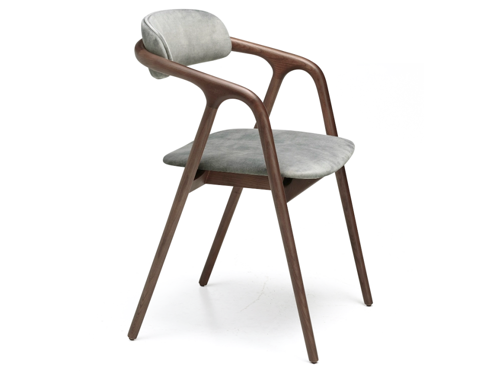 Chaise scandinave bois teinte marron foncé assise tissu velours gris bleu