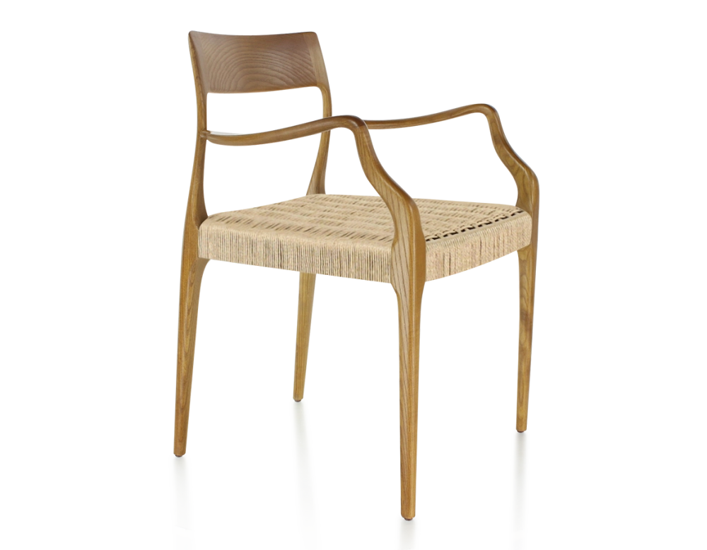 Silla escandinava con reposabrazos madera tinte cerezo asiento cuerda