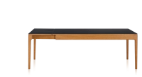 Table extensible 8 à 12 personnes en chêne et céramique allonges céramique avec bois teinte merisier et plateau et allonges céramique noire unie 210x100 cm