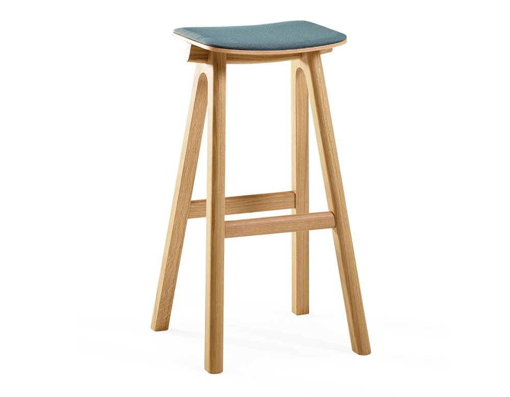Tabouret de bar en chêne tapissé H80 cm bois teinte naturelle assise tissu bleu océan
