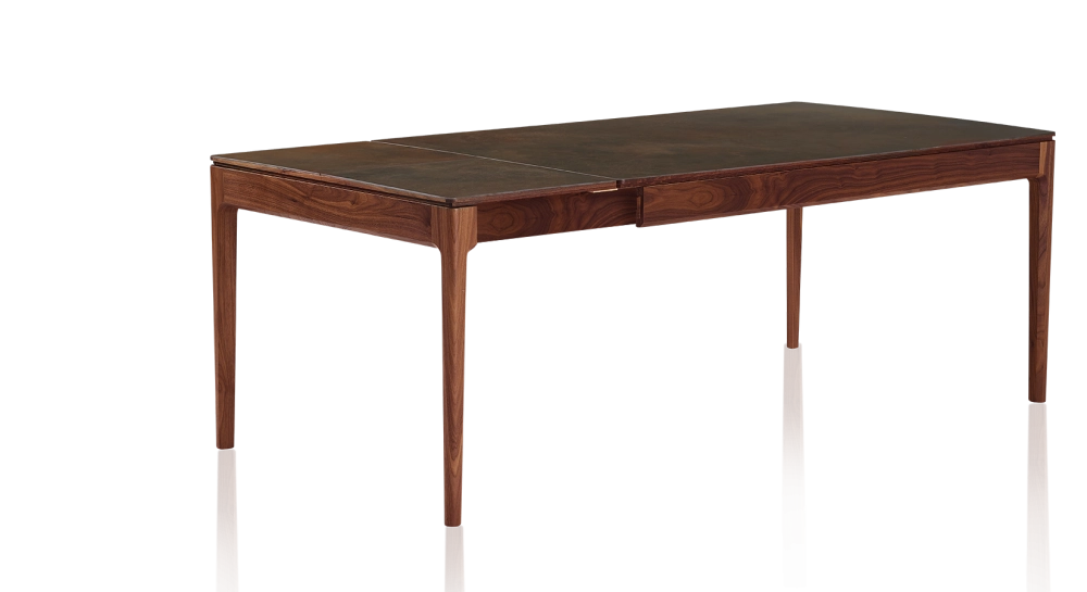 Extending table for 8 to 14 people in walnut and ceramic with ceramic extensions with natural stained wood and oxidised brown ceramic top and extensions 210x100 cm