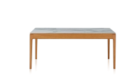 Table extensible 8 à 12 personnes en chêne et céramique allonges céramique avec bois teinte merisier et plateau et allonges céramique effet marbre blanc 210x100 cm