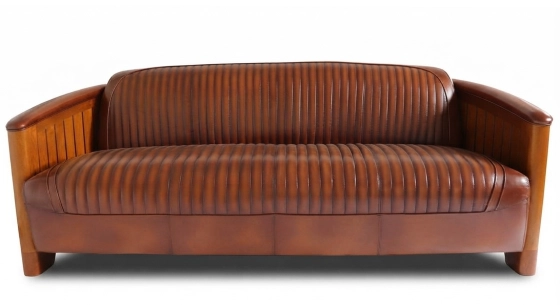Canapé club bois et cuir 3 places marron vintage