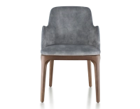 Designer chair with armrests dark brown stained wood and grey velvet fabric