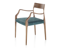 Scandinavian armchair with armrests wood stained walnut seat in petrol blue velvet fabric