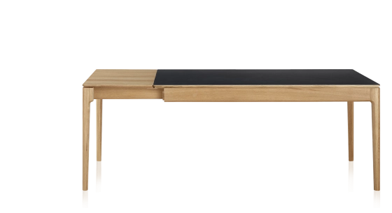 Table extensible 6 à 10 personnes en chêne et céramique allonges bois avec bois teinte naturelle et plateau céramique noir unie 140x90 cm