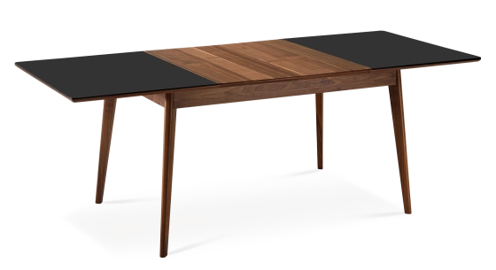 Table extensible 6 à 8 personnes en noyer et céramique allonges bois avec bois teinte naturelle et plateau céramique noir unie 140x90 cm