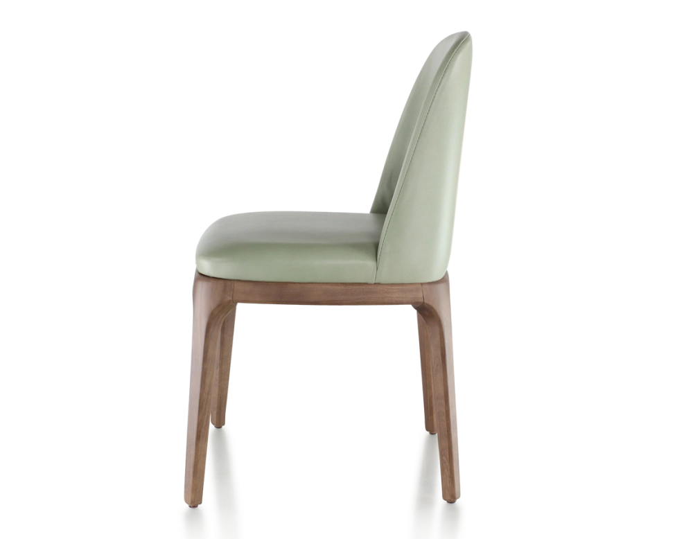 Silla de diseño madera tintada marrón oscuro y piel verde salvia