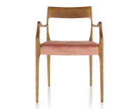 Chaise scandinave avec accoudoirs bois teinte merisier assise tissu velours rose pâle