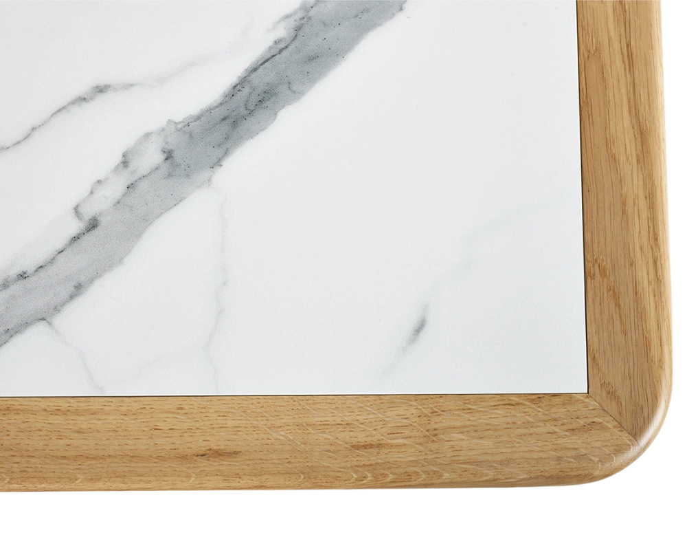 Table basse rectangulaire en chêne et céramique avec bois teinte naturelle plateau céramique effet marbre blanc 100x50 cm