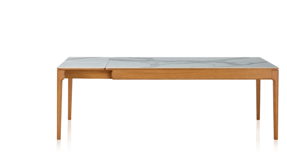 Table extensible 6 à 10 personnes en chêne et céramique allonges céramique avec bois teinte merisier et plateau et allonges céramique effet marbre blanc 160x100 cm