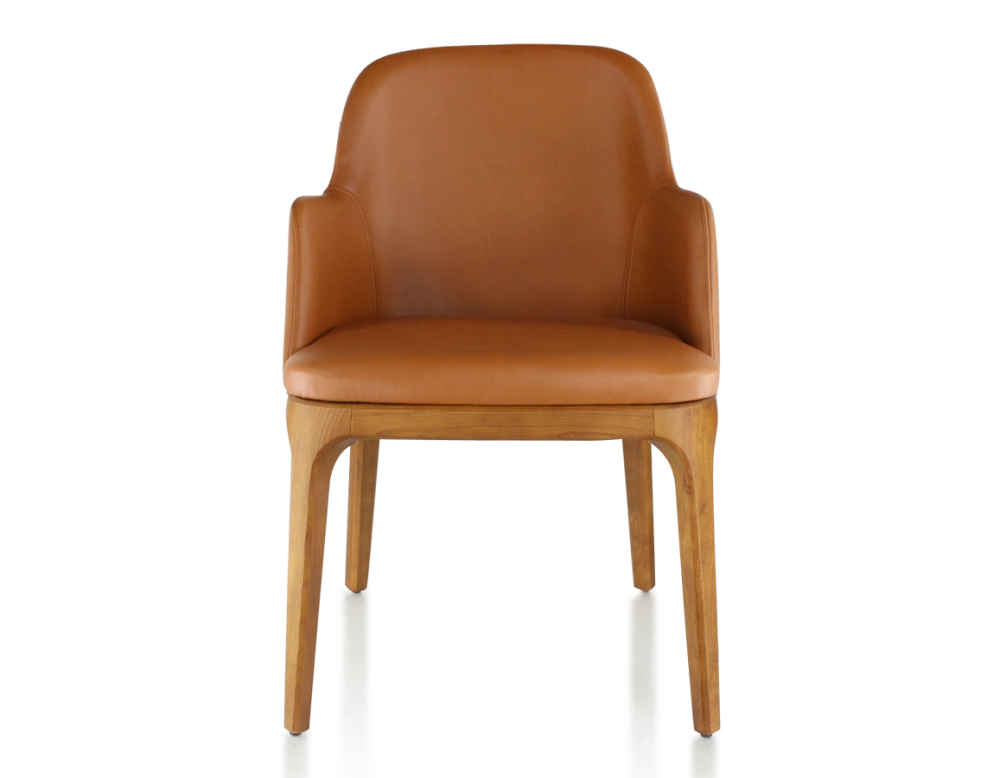 Chaise design avec accoudoirs bois teinte merisier et cuir caramel