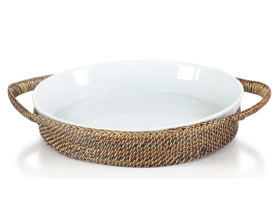 Plat porcelaine ovale avec support en fleur de rotin moyen modèle