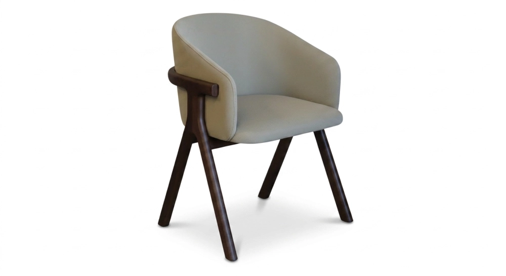 Chaise design en frêne bois teinte marron foncé assise tissu vert pâle