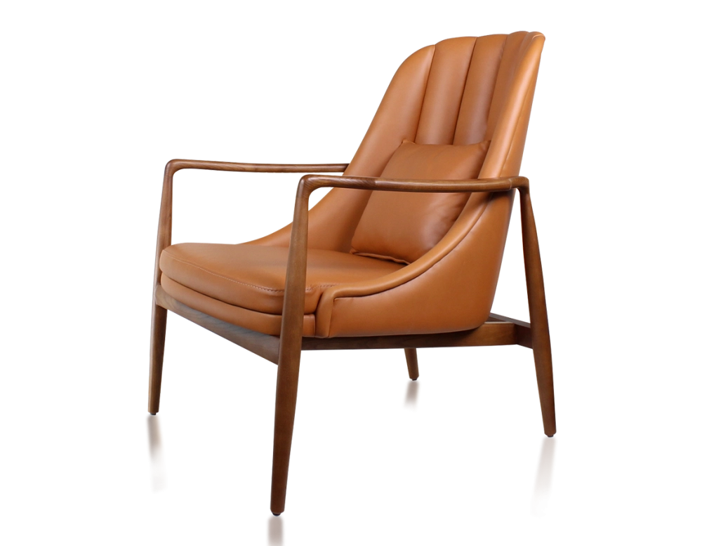 Fauteuil design bois teinte merisier et cuir caramel