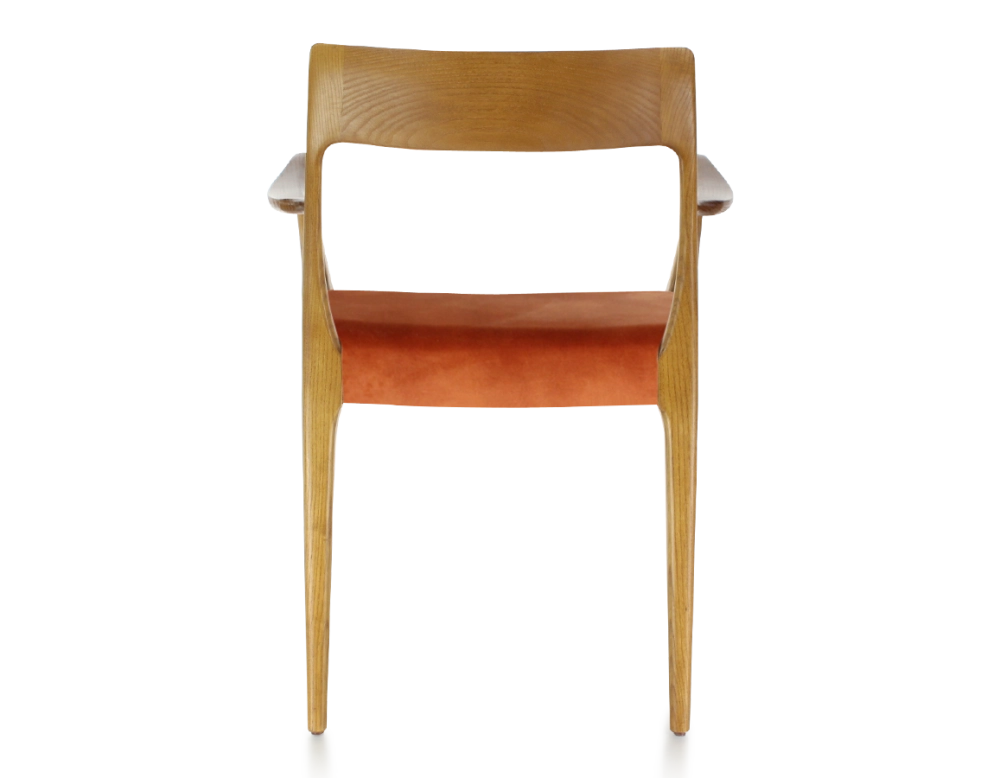 Scandinavian armchair with armrests cherry-stained wood, terracotta velvet seat