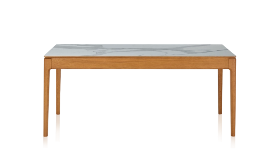 Table salle à manger en chêne et céramique 8 personnes avec bois teinte merisier et plateau céramique effet marbre blanc 210x100 cm