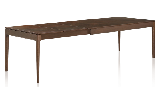 Table extensible en chêne et céramique 6 à 10 personnes allonges céramique avec bois teinte marron foncé et plateau et allonges céramique brun oxydé 140x90 cm
