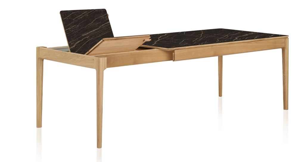 Table extensible en chêne et céramique 6 à 10 personnes allonges céramique avec bois teinte naturelle et plateau et allonges céramique effet marbre noir 140x90 cm
