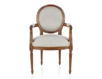 Silla antigua estilo Luis XVI con reposabrazos madera con tinte envejecido y tejido beige natural