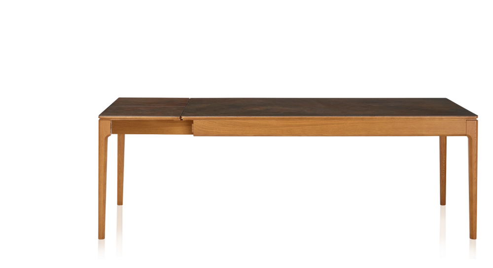 Table extensible 6 à 10 personnes en chêne et céramique allonges céramique avec bois teinte merisier et plateau et allonges céramique brun oxydé 160x100 cm