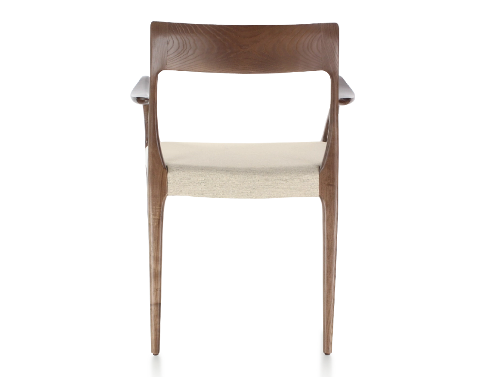 Chaise scandinave avec accoudoirs bois teinte marron foncé assise tissu camel