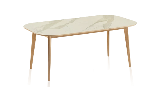 Table salle à manger en chêne et céramique 8 personnes avec bois teinte naturelle et plateau céramique effet marbre blanc 210x100 cm