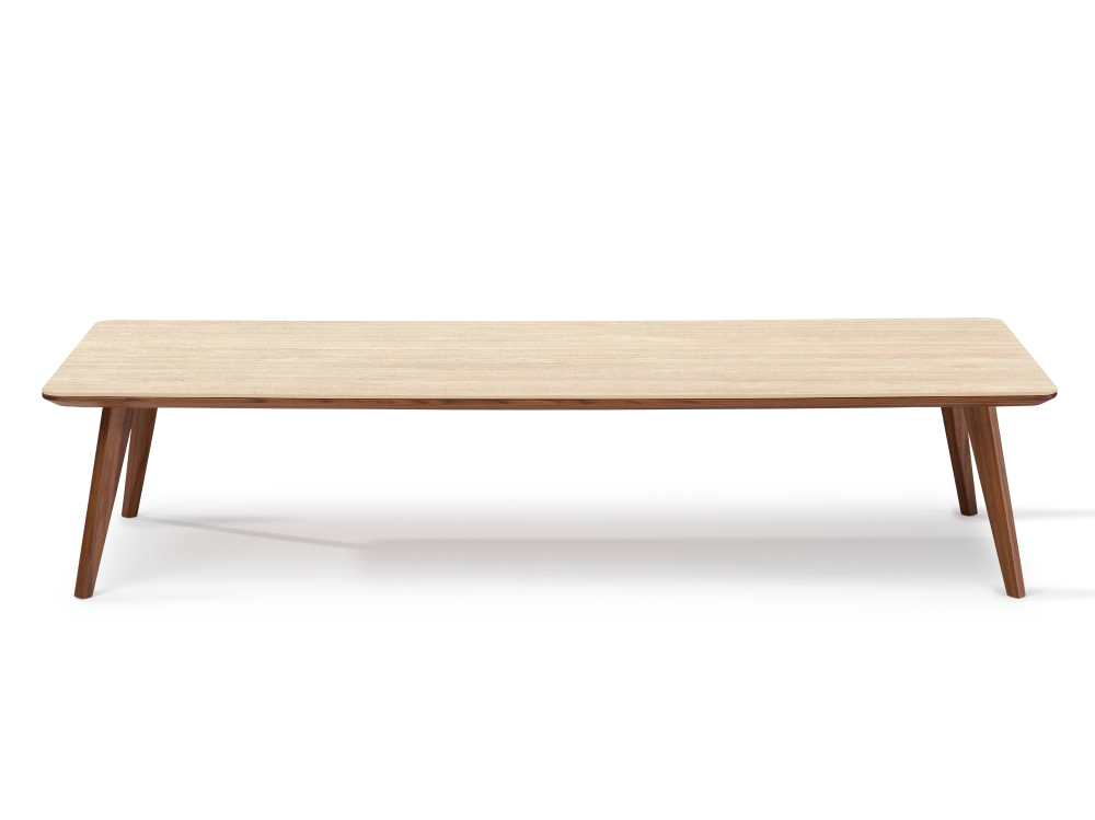 Table basse rectangulaire F7 en noyer et céramique bois teinte naturelle et céramique effet pierre travertin 140x80x30 cm