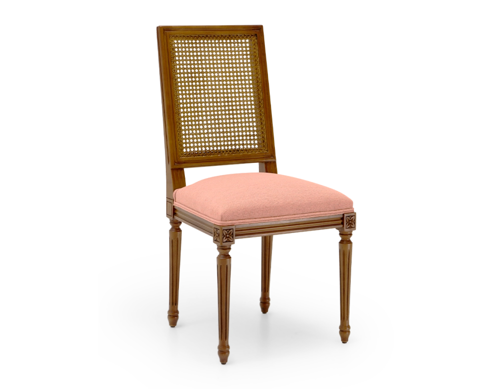 Louis XVI style antique chair cane back chair with coral pink fabric seat