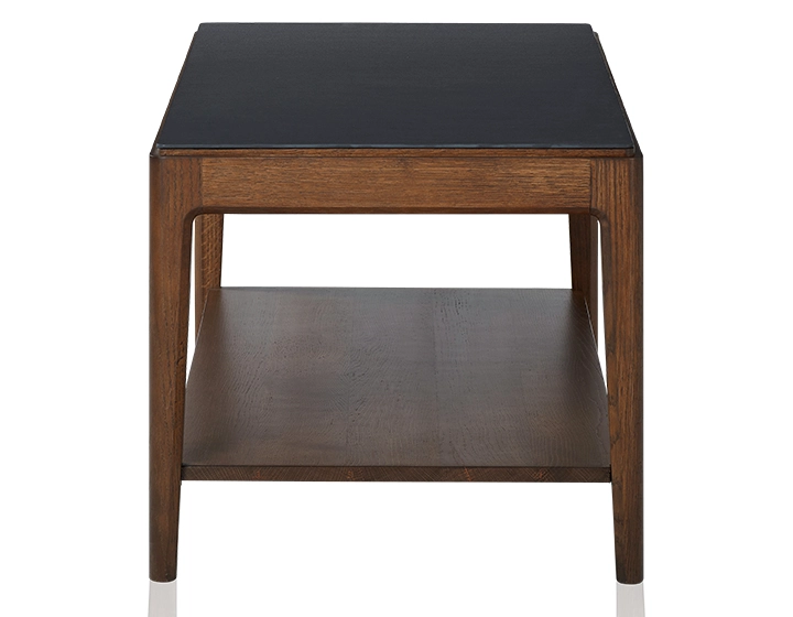 Mesa de centro rectangular de roble y cerámica con estante en madera tintada marrón oscuro tablero cerámico negro liso 100x50 cm
