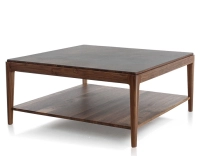 Table basse carrée en noyer et céramique avec tablette en bois teinte naturelle plateau céramique brun oxydé 100x100 cm
