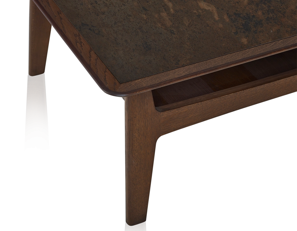 Table basse carrée en chêne et céramique avec bois teinte marron foncé plateau céramique brun oxydé 100x100 cm