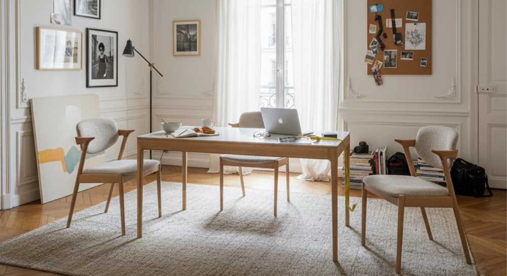 Table salle à manger 6 personnes en chêne et céramique avec bois teinte naturelle et plateau céramique effet marbre blanc 140x90 cm