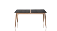 Extendable table for 8 to 14 people in oak and ceramic with wooden extensions with natural stained wood and black marble effect ceramic top 210x100 cm