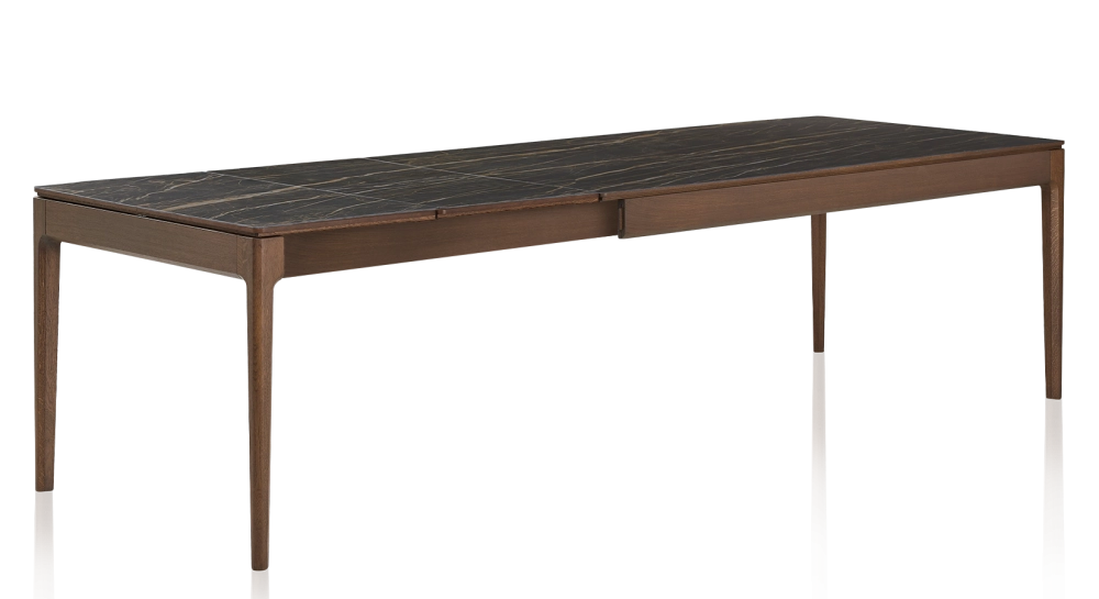 Table extensible 6 à 10 personnes en chêne et céramique allonges céramique avec bois teinte marron foncé et plateau et allonges céramique effet marbre noir 160x100 cm